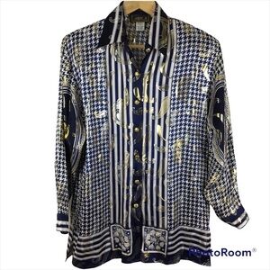 Aris A. Silk Metallic Button Up Blue & White Houndstooth Paisley Striped Blouse